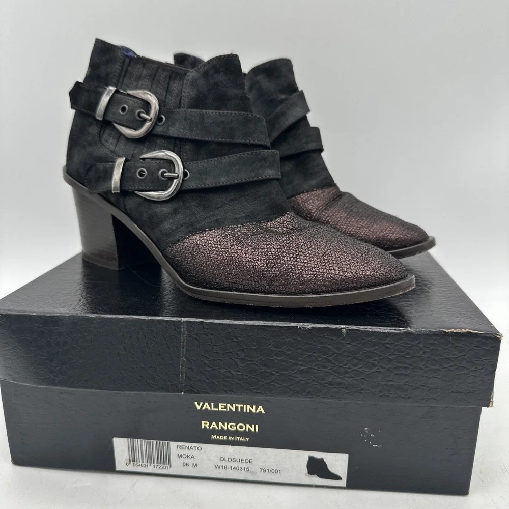 Valentina Rangoni Renato Moka Ankle Booties Textured Maroon Toe & Suede Sz.‎ 8